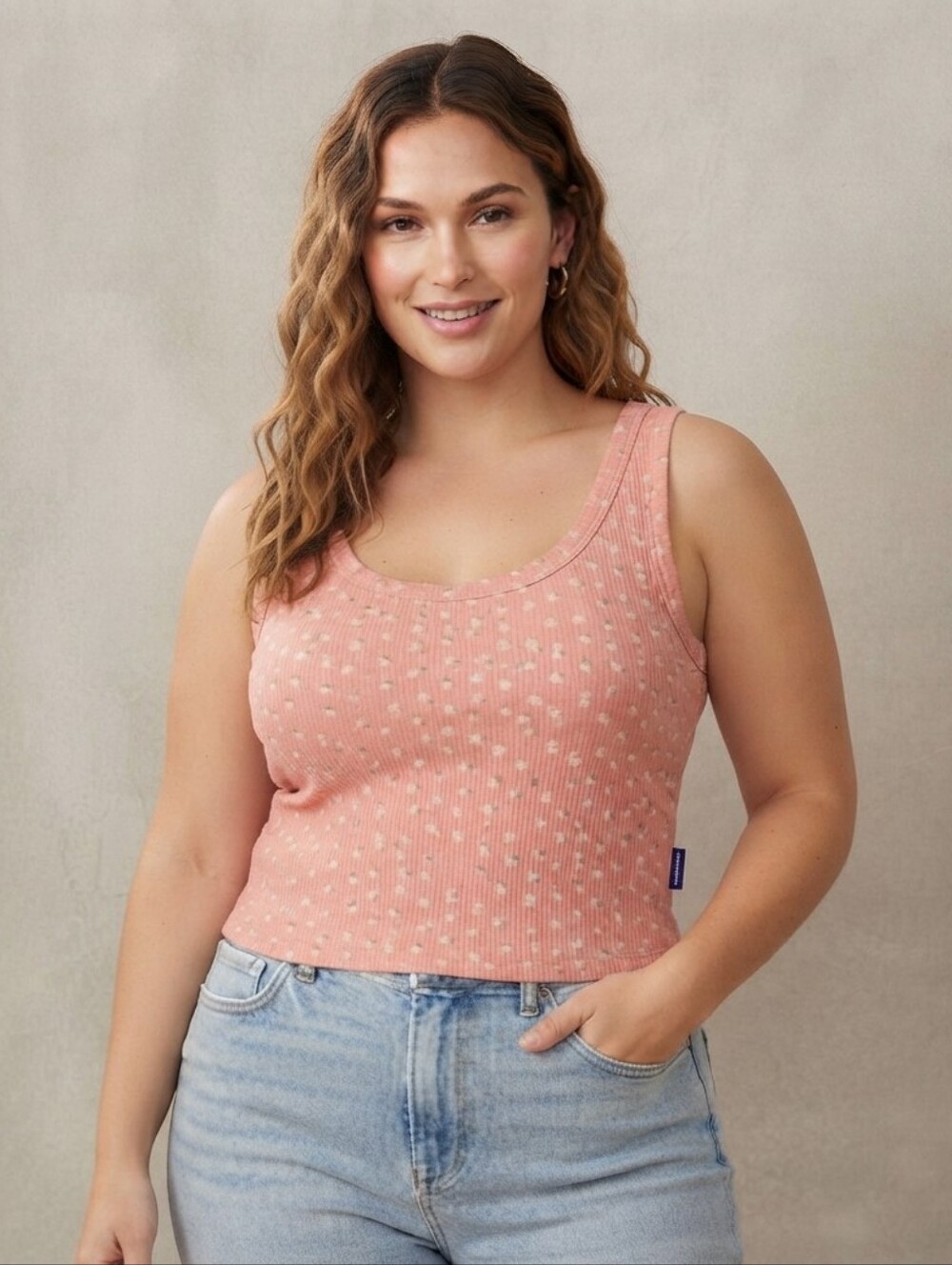 New Women's Ribbed Scoop Neck Ribbed Tank Cami Top Coral Straberry Print Size XL